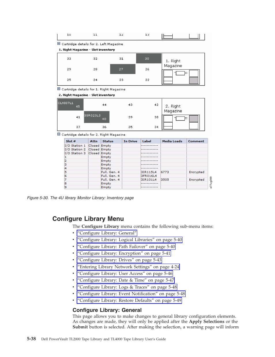 Configure library menu, Configure library: general, Configure | Library, Menu, Monitor, Inventory, General | Dell TL2000 User Manual | Page 124 / 264