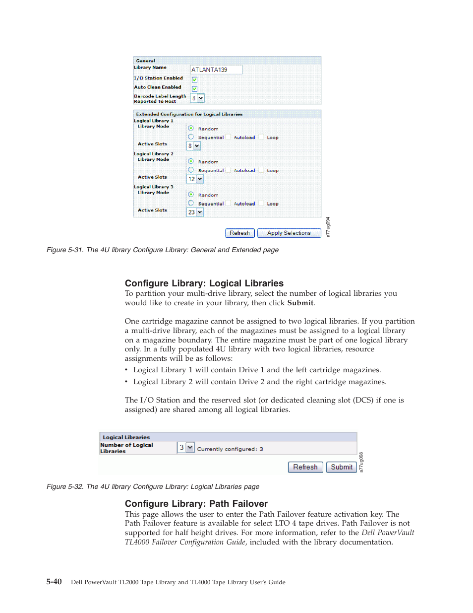 Configure library: logical libraries, Configure library: path failover, Library | Configure, General, Extended, Logical, Libraries, Path, Failover | Dell TL2000 User Manual | Page 126 / 264