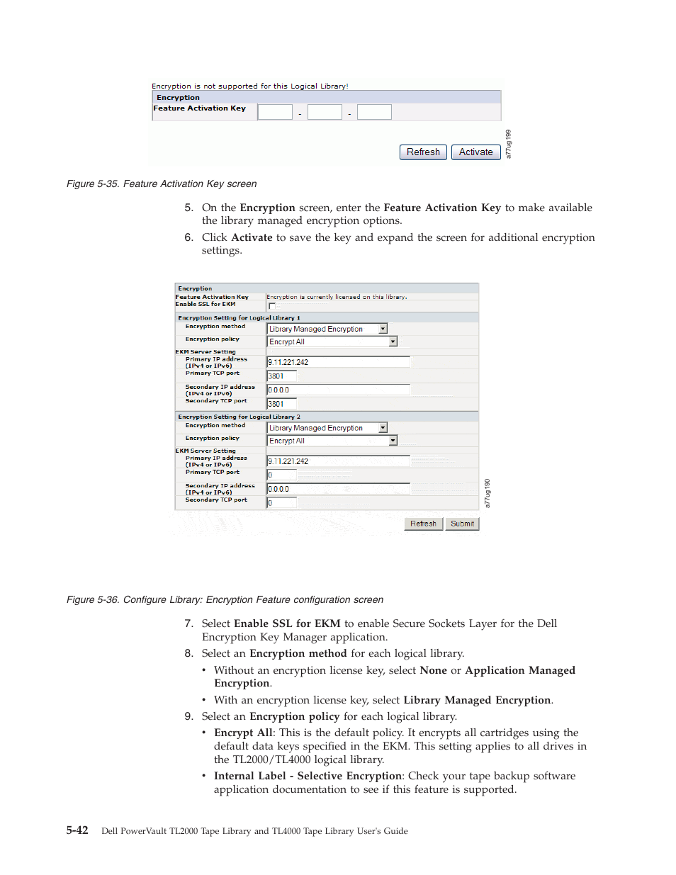 Feature, Activation, Screen | Configure, Library, Encryption, Configuration | Dell TL2000 User Manual | Page 128 / 264
