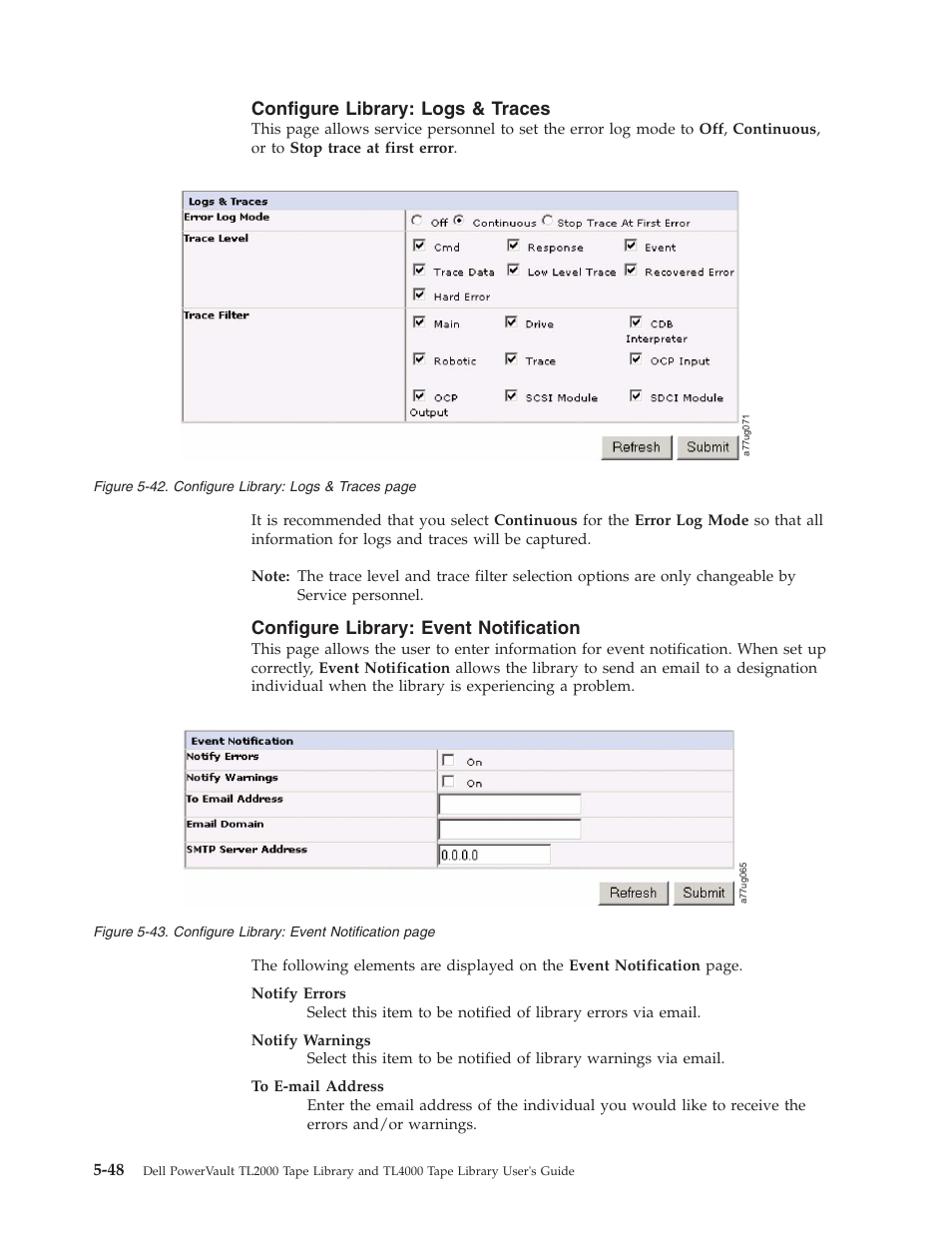 Configure library: logs & traces, Configure library: event notification, Configure | Library, Logs, Traces, Event, Notification | Dell TL2000 User Manual | Page 134 / 264