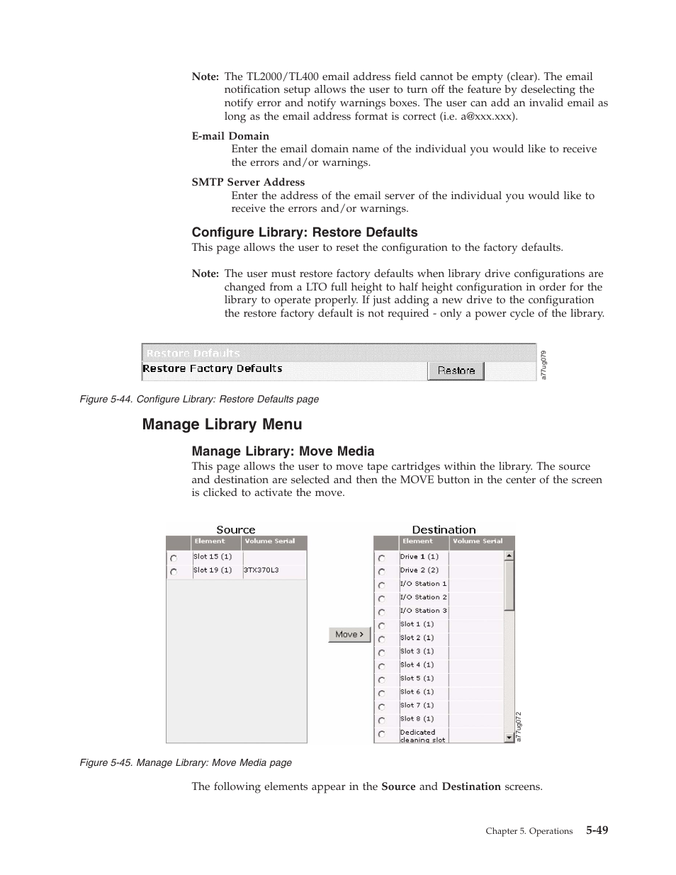 Configure library: restore defaults, Manage library menu, Manage library: move media | Manage, Library, Menu, Configure, Restore, Defaults, Move | Dell TL2000 User Manual | Page 135 / 264