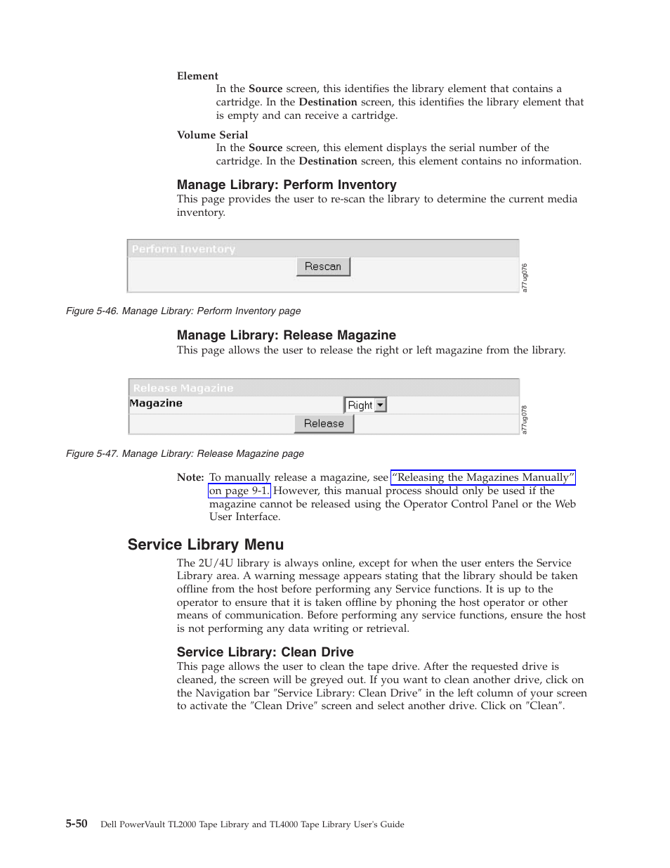Manage library: perform inventory, Manage library: release magazine, Service library menu | Service library: clean drive, Service, Library, Menu, Manage, Perform, Inventory | Dell TL2000 User Manual | Page 136 / 264