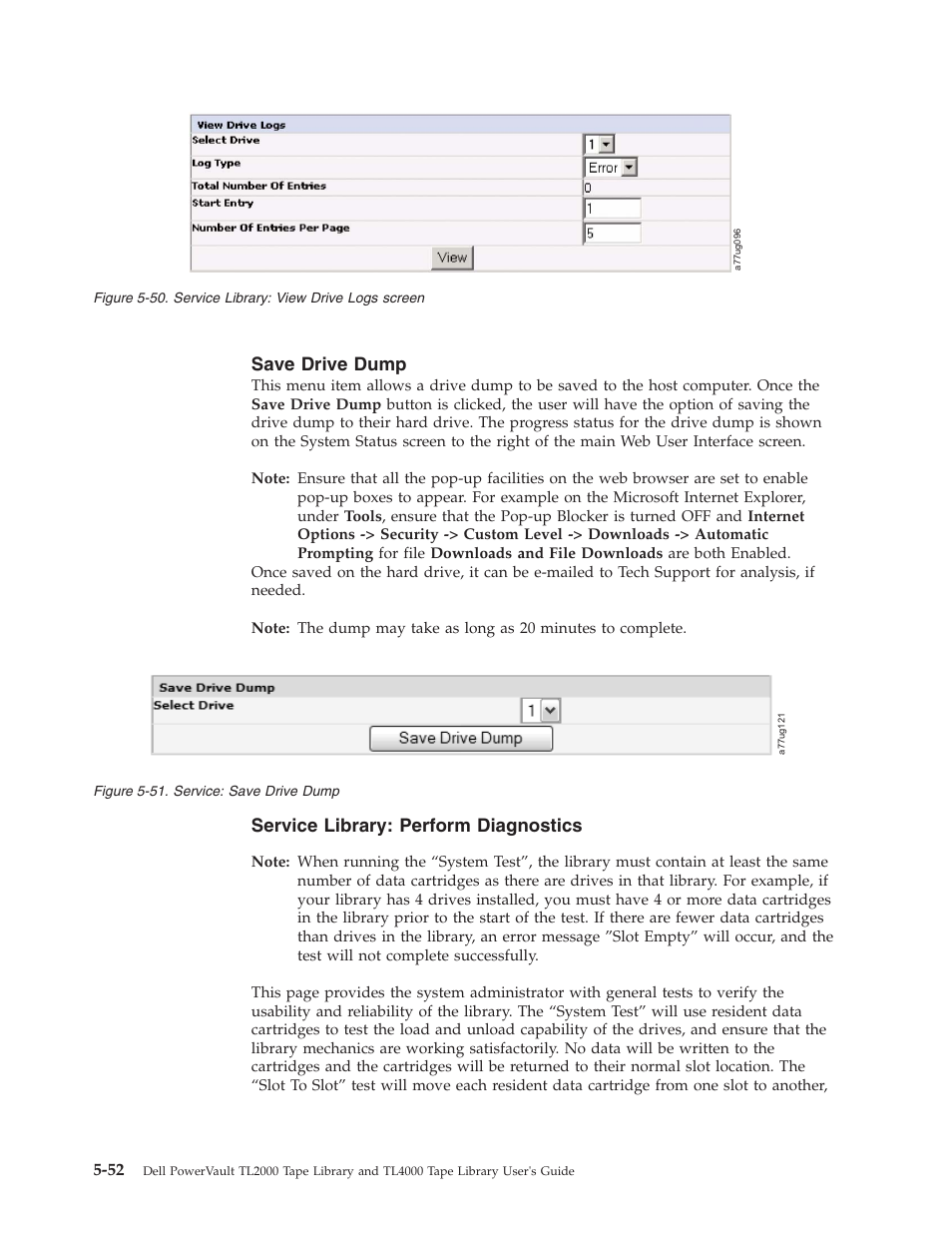 Save drive dump, Service library: perform diagnostics, Service | Library, View, Drive, Logs, Screen, Save, Dump | Dell TL2000 User Manual | Page 138 / 264