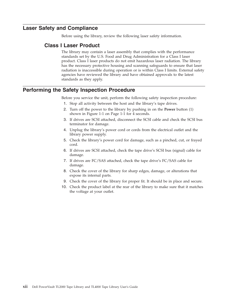 Laser safety and compliance, Class i laser product, Performing the safety inspection procedure | Laser, Safety, Compliance, Class, Product, Performing, Inspection | Dell TL2000 User Manual | Page 14 / 264