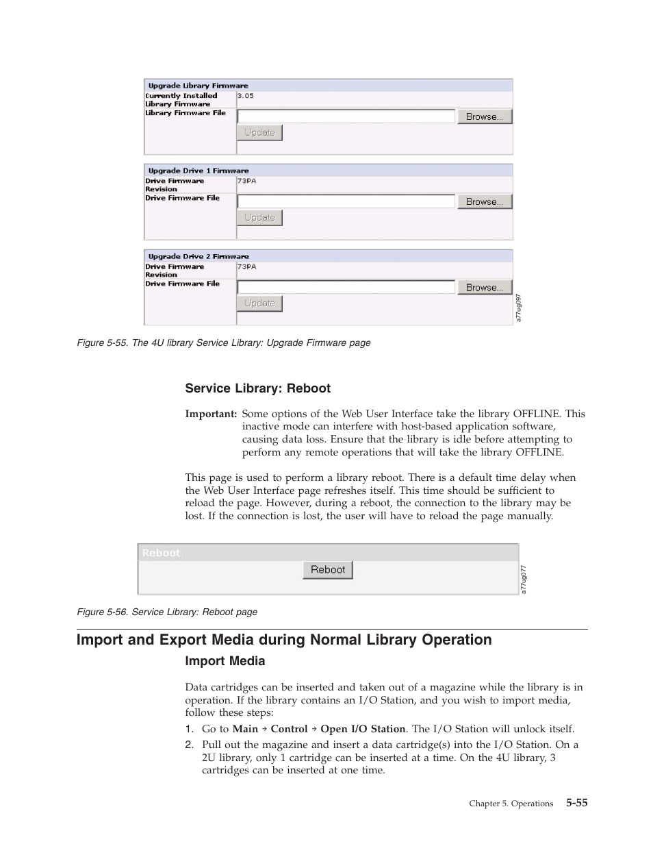 Service library: reboot, Import, Export | Media, During, Normal, Library, Operation, Service, Upgrade | Dell TL2000 User Manual | Page 141 / 264