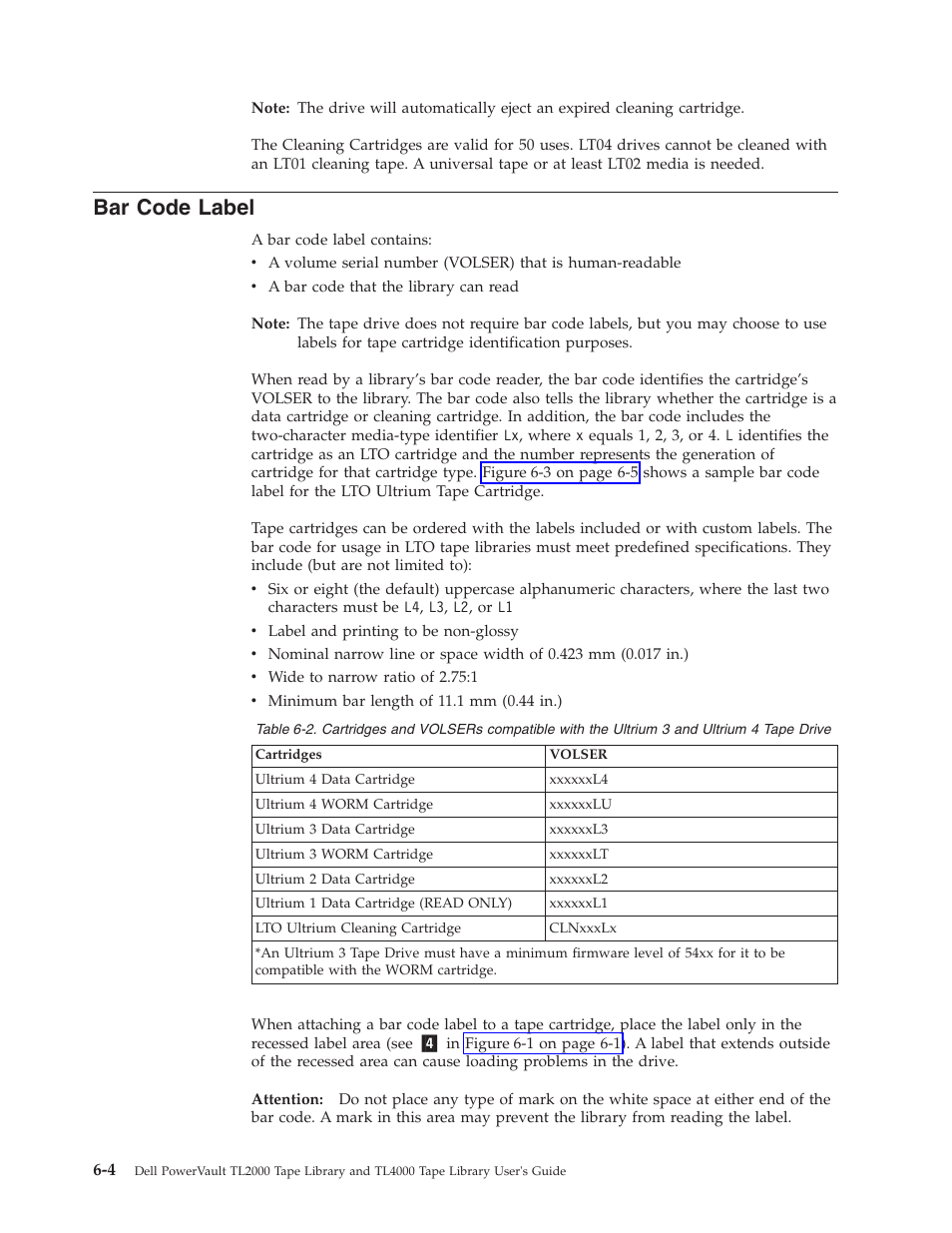 Bar code label, Code, Label | Cartridges, Volsers, Compatible, With, Ultrium, Tape, Drive | Dell TL2000 User Manual | Page 148 / 264