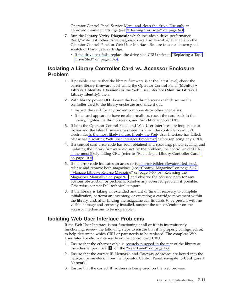 Isolating web user interface problems, Isolating, Library | Controller, Card, Accessor, Enclosure, Problem, User, Interface | Dell TL2000 User Manual | Page 165 / 264