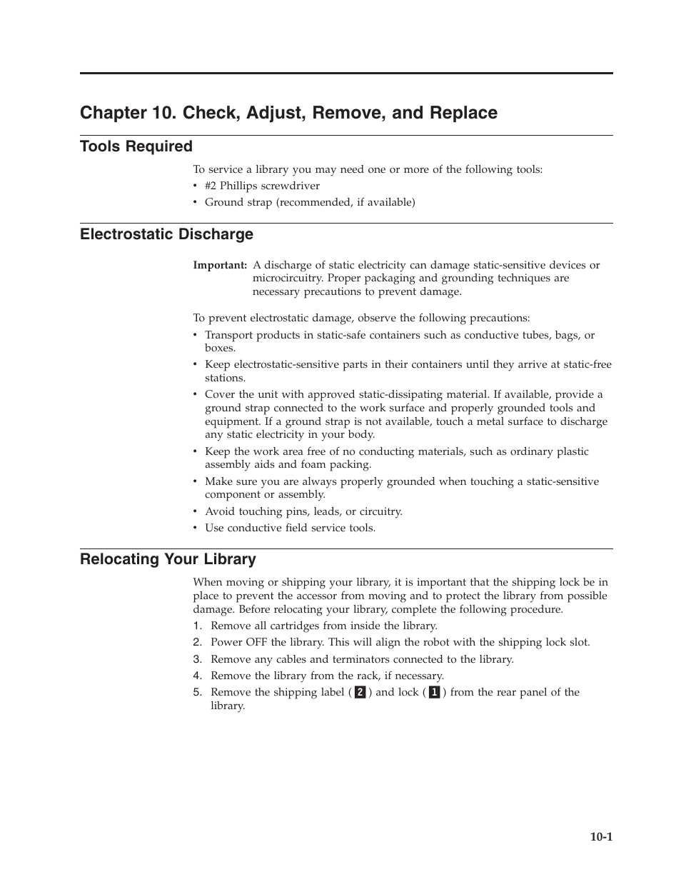 Chapter 10. check, adjust, remove, and replace, Tools required, Electrostatic discharge | Relocating your library, Chapter, Check, Adjust, Remove, Replace, Tools | Dell TL2000 User Manual | Page 187 / 264