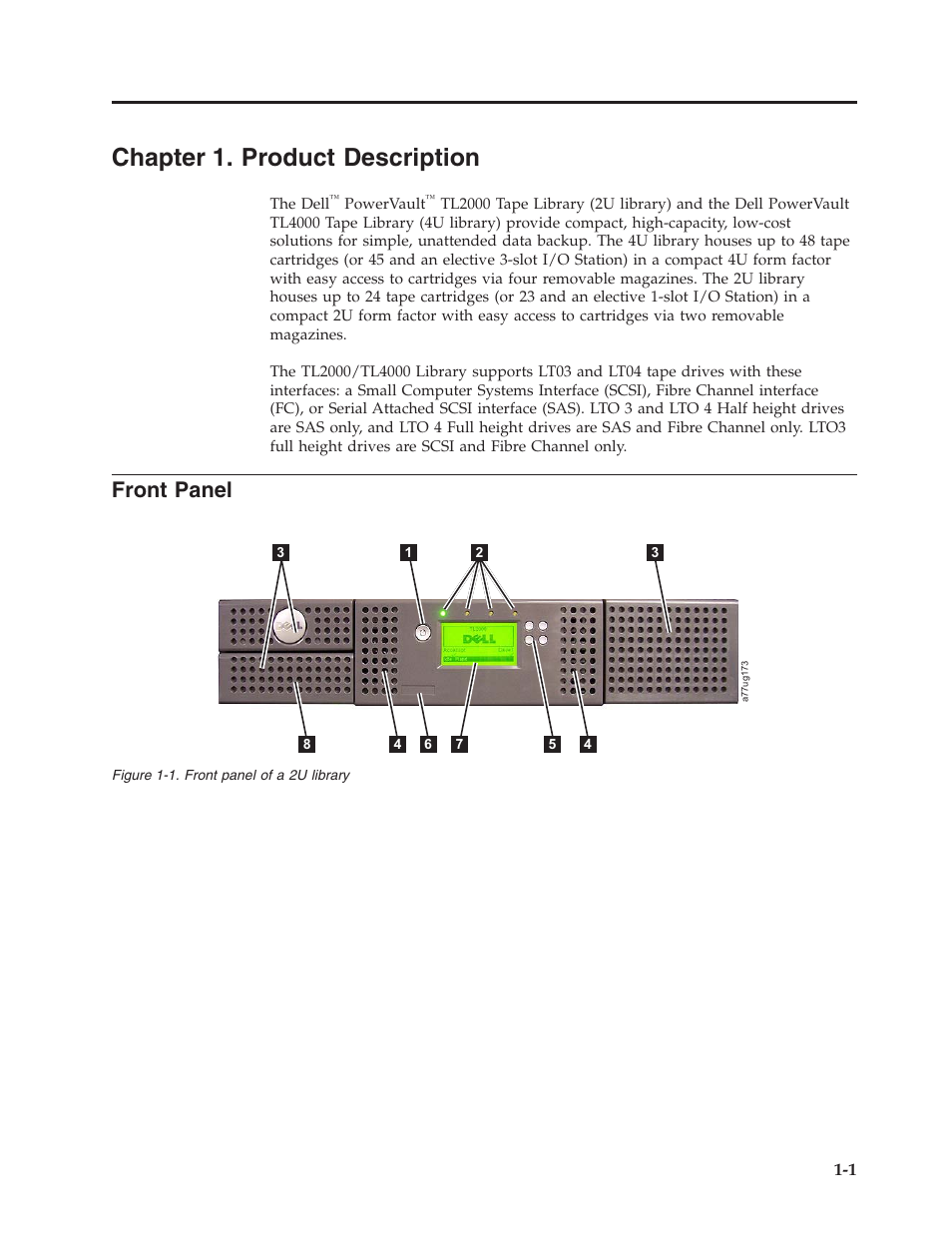 Chapter 1. product description, Front panel, Chapter | Product, Description, Front, Panel, Library | Dell TL2000 User Manual | Page 19 / 264