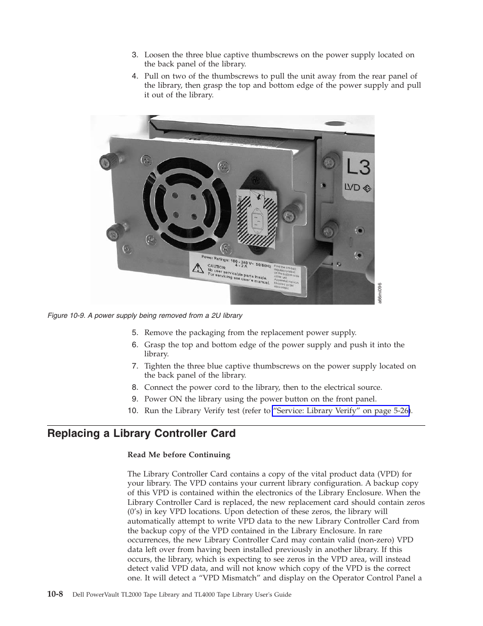 Replacing a library controller card, Replacing, Library | Controller, Card, Power, Supply, Being, Removed, From | Dell TL2000 User Manual | Page 194 / 264