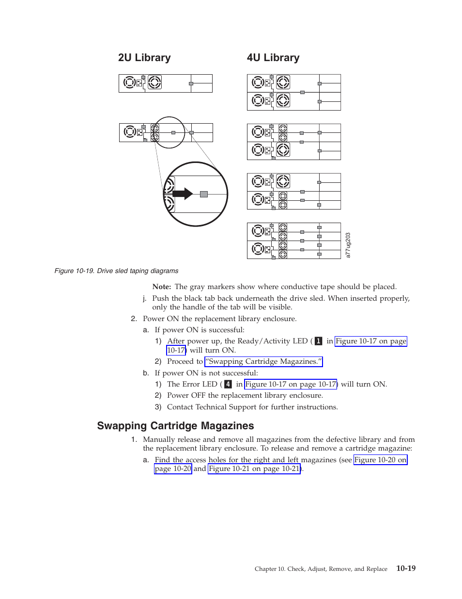 Swapping cartridge magazines, Swapping, Cartridge | Magazines, Drive, Sled, Taping, Diagrams, Figure, 2u library 4u library | Dell TL2000 User Manual | Page 205 / 264
