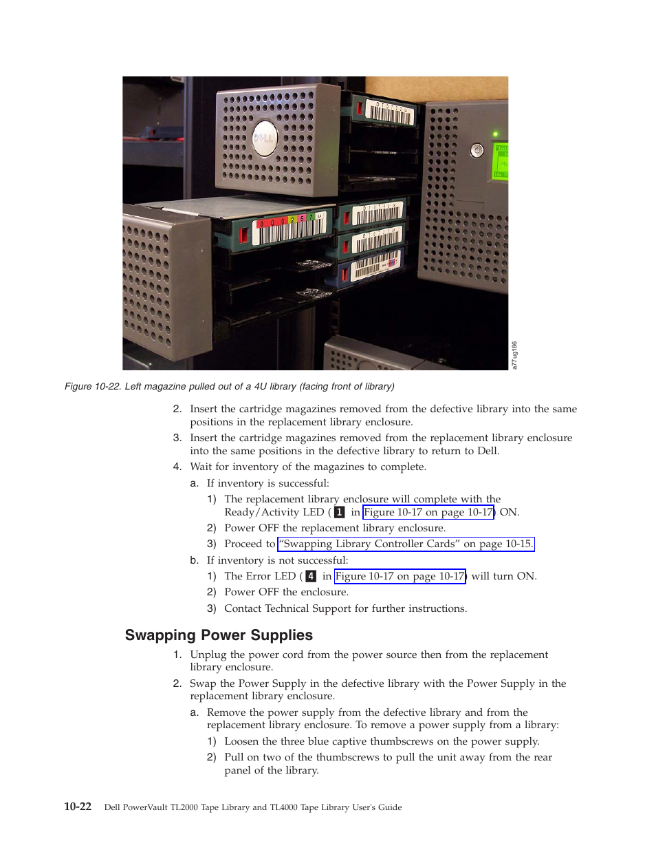 Swapping power supplies, Swapping, Power | Supplies, Left, Magazine, Pulled, Library, Facing, Front | Dell TL2000 User Manual | Page 208 / 264