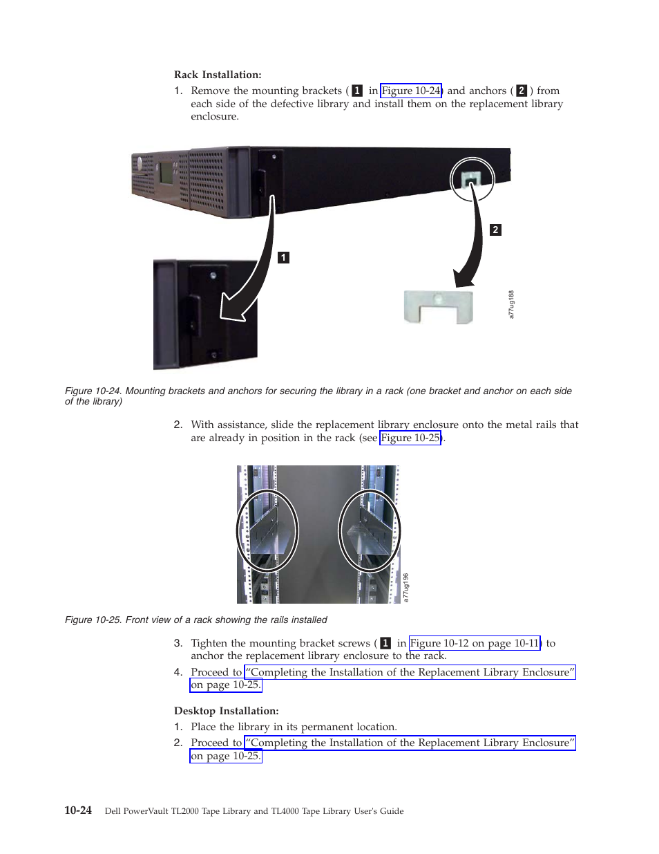Mounting, Brackets, Anchors | Securing, Library, Rack, Bracket, Anchor, Each, Side | Dell TL2000 User Manual | Page 210 / 264