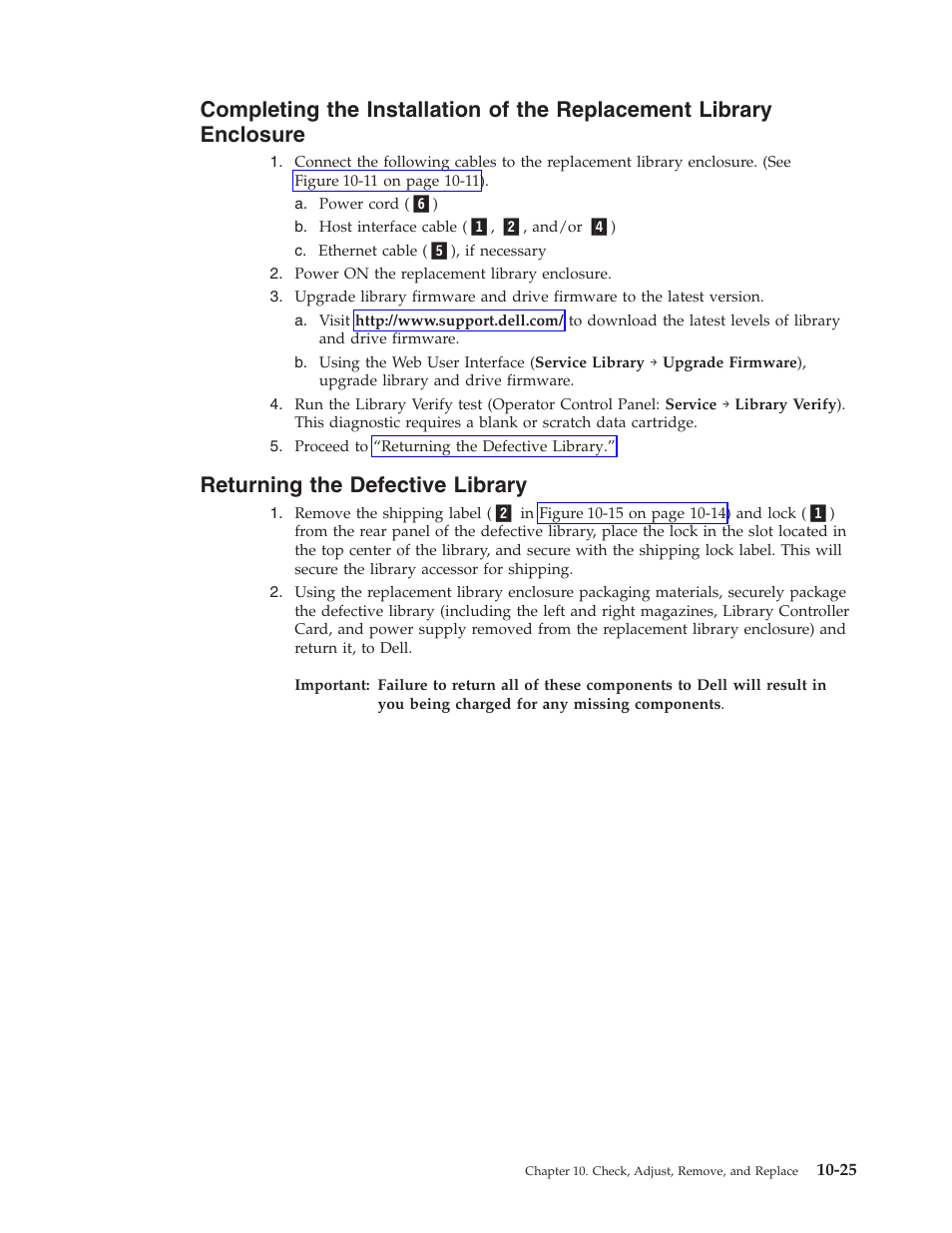 Returning the defective library, Completing, Installation | Replacement, Library, Enclosure, Returning, Defective | Dell TL2000 User Manual | Page 211 / 264