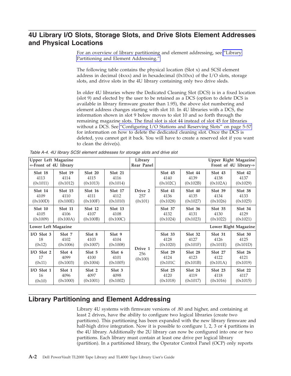 Library partitioning and element addressing, Library, Slots | Storage, Drive, Element, Addresses, Physical, Locations, Partitioning | Dell TL2000 User Manual | Page 214 / 264