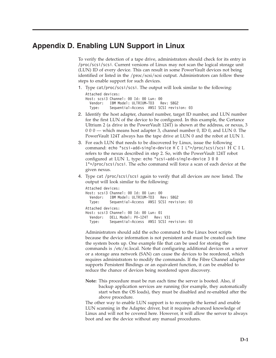 Appendix d. enabling lun support in linux, Appendix, Enabling | Support, Linux | Dell TL2000 User Manual | Page 239 / 264