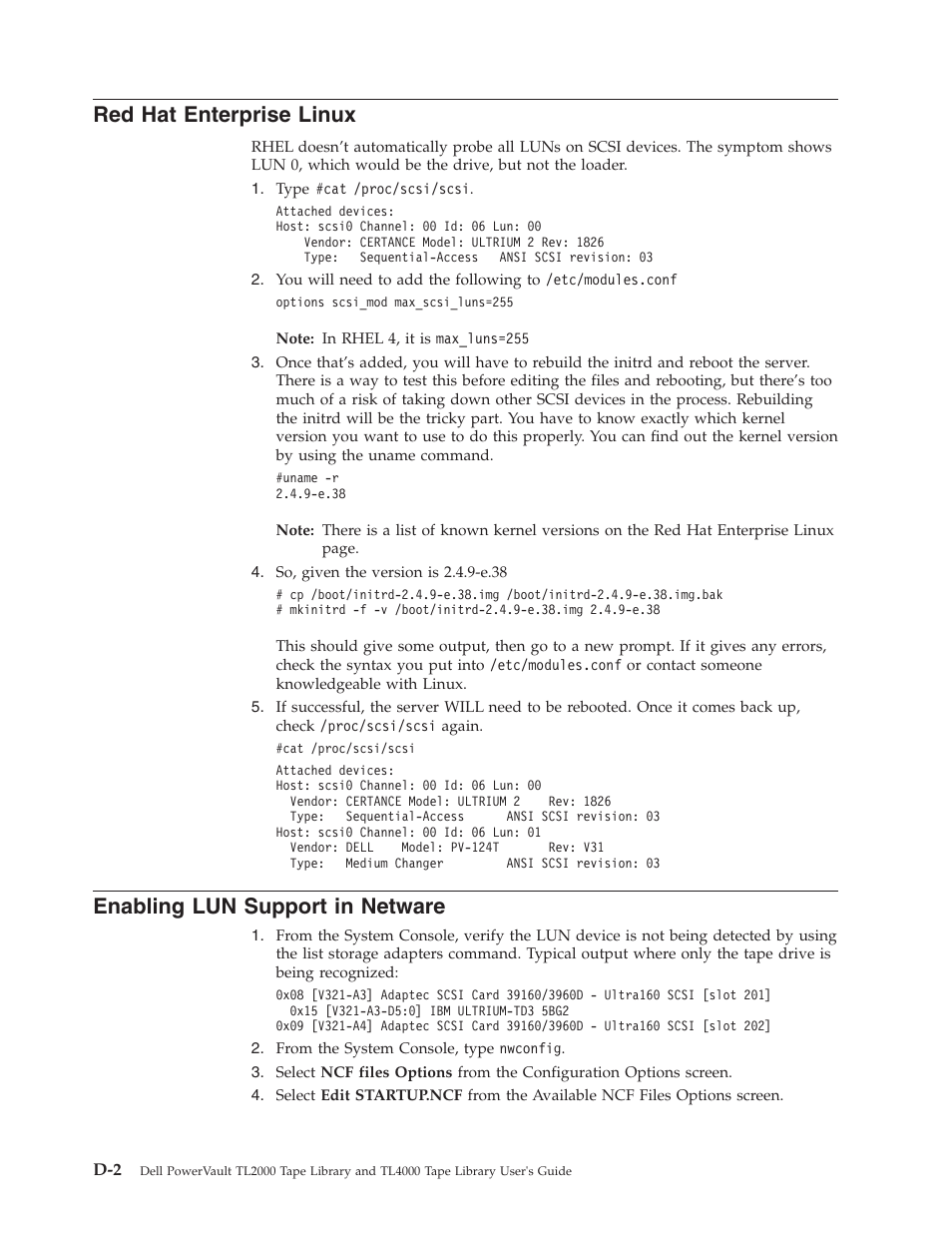 Red hat enterprise linux, Enabling lun support in netware, Enterprise | Linux, Enabling, Support, Netware | Dell TL2000 User Manual | Page 240 / 264