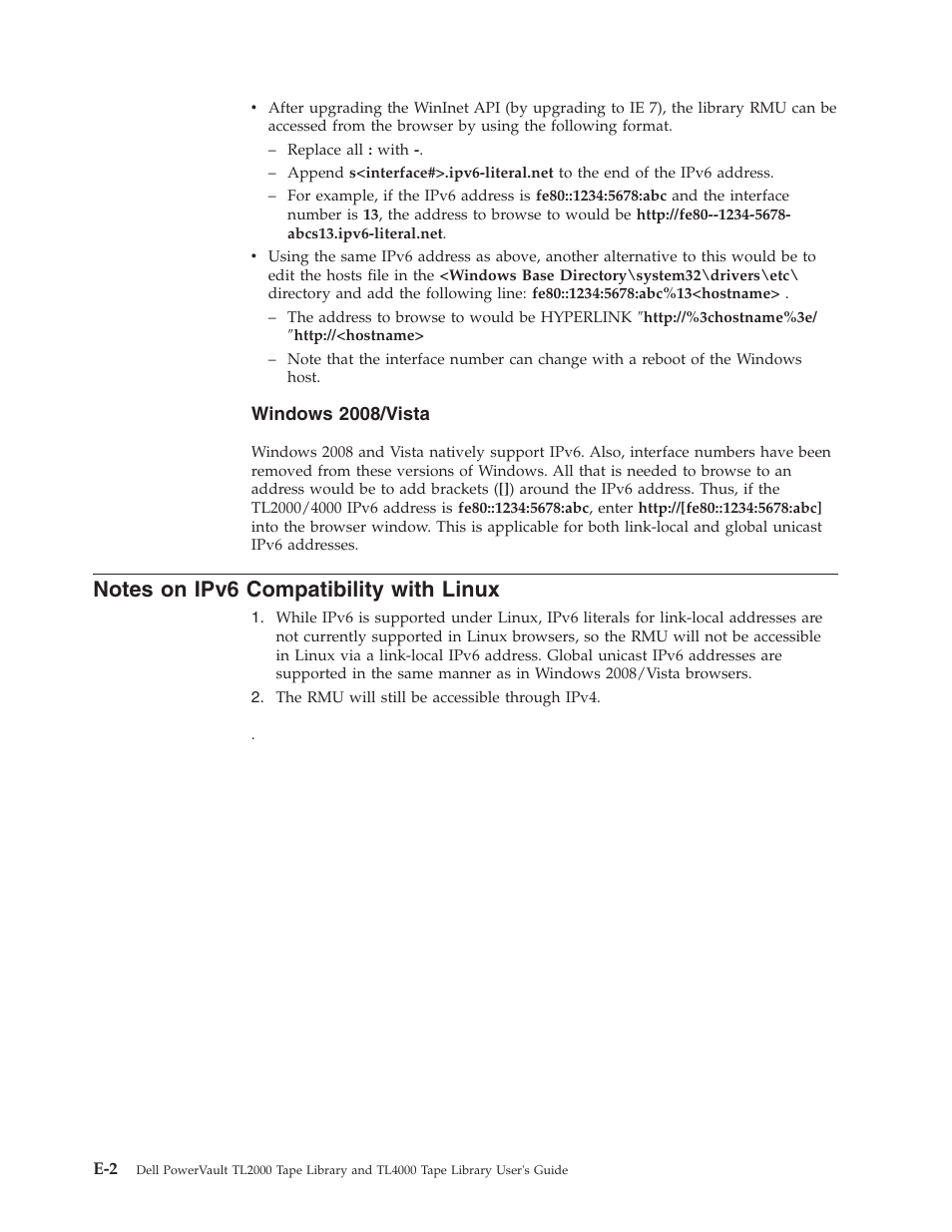 Notes on ipv6 compatibility with linux, Notes, Ipv6 | Compatibility, With, Linux, Windows, 2008/vista | Dell TL2000 User Manual | Page 244 / 264