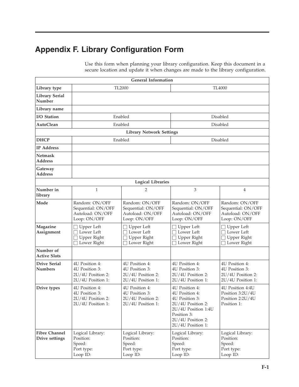 Appendix f. library configuration form, Appendix, Library | Configuration, Form | Dell TL2000 User Manual | Page 245 / 264