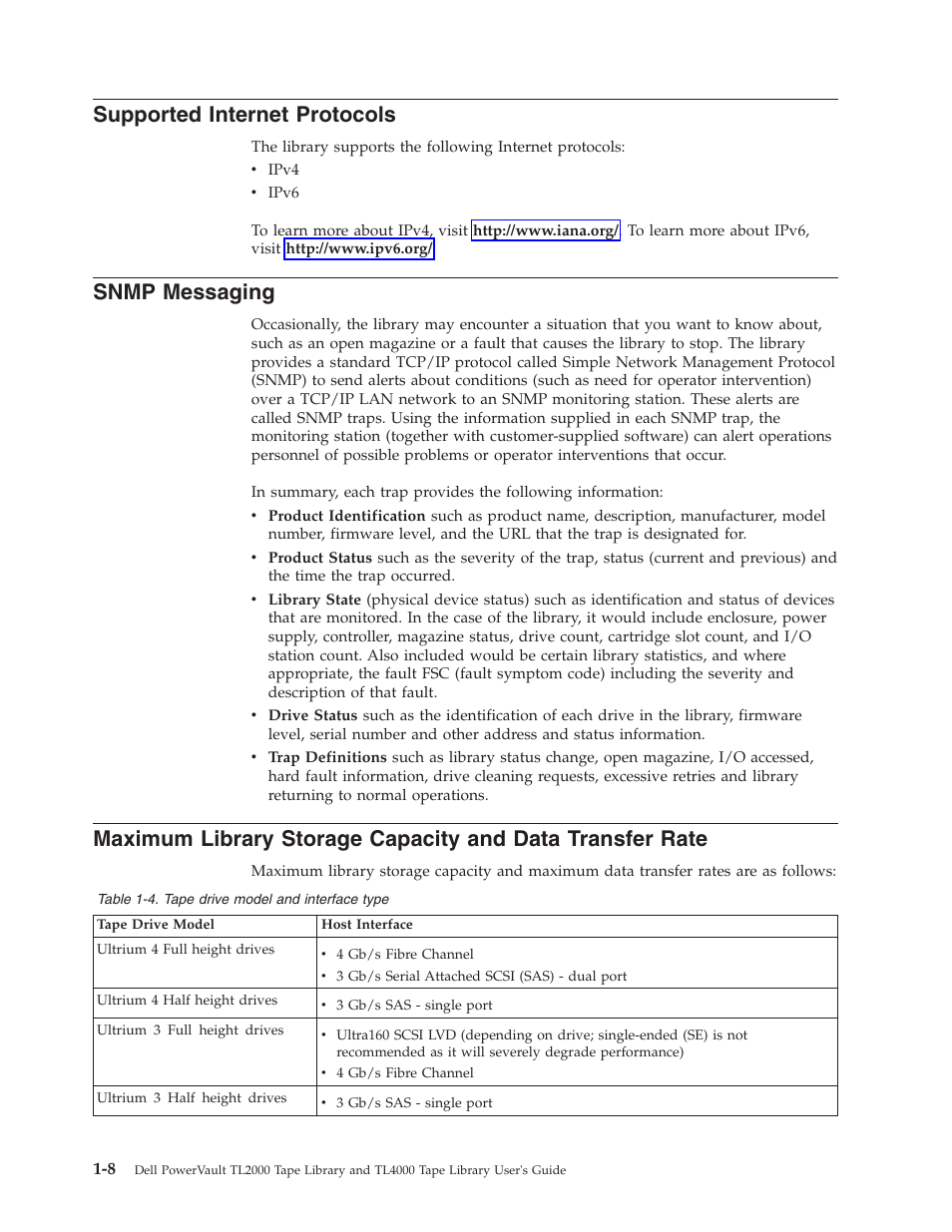Supported internet protocols, Snmp messaging, Supported | Internet, Protocols, Snmp, Messaging, Maximum, Library, Storage | Dell TL2000 User Manual | Page 26 / 264