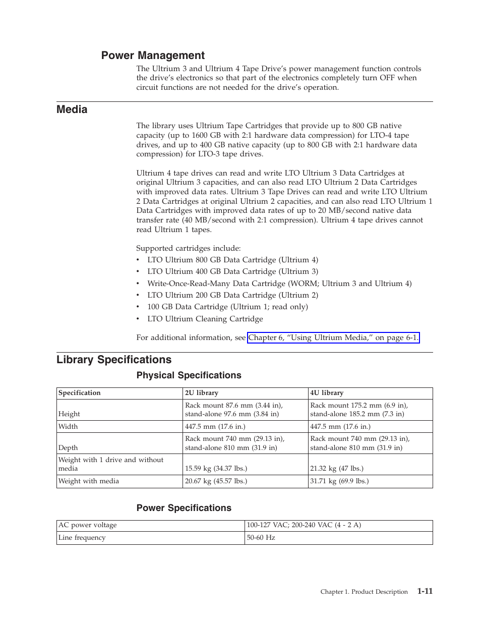 Power management, Media, Library specifications | Power, Management, Library, Specifications, Physical | Dell TL2000 User Manual | Page 29 / 264