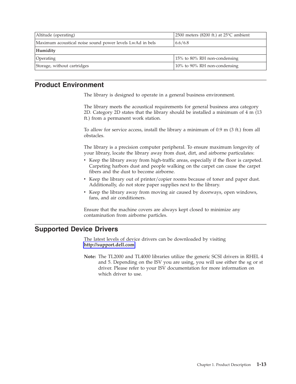Product environment, Supported device drivers, Product | Environment, Supported, Device, Drivers | Dell TL2000 User Manual | Page 31 / 264
