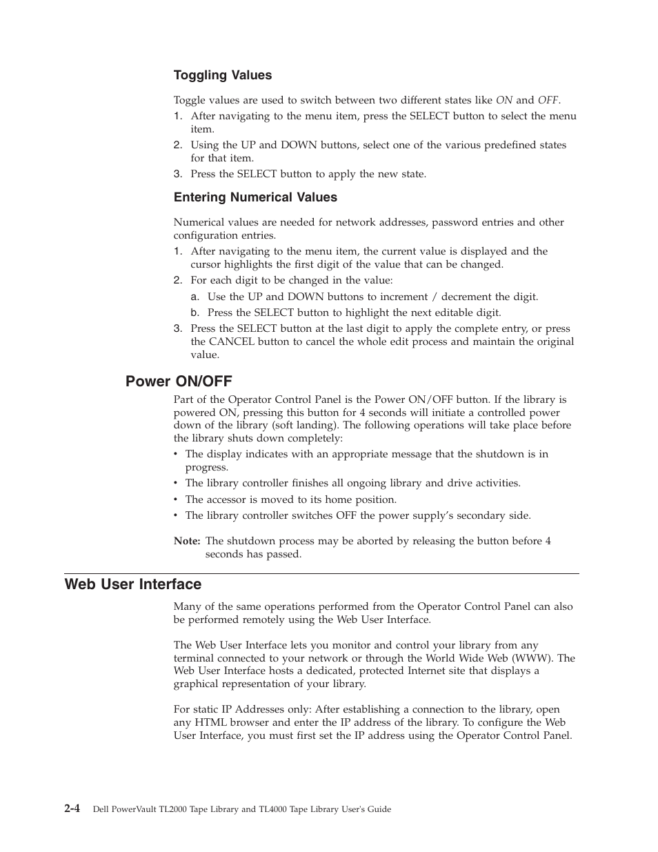 Toggling values, Entering numerical values, Power on/off | Web user interface, Power, On/off, User, Interface, Toggling, Values | Dell TL2000 User Manual | Page 36 / 264