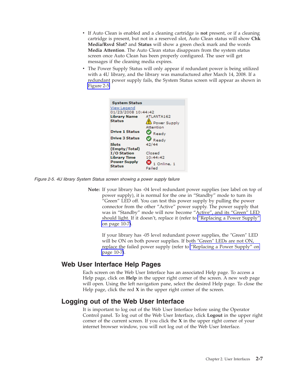 Logging out of the web user interface, User, Interface | Help, Logging, Library, System, Status, Screen, Showing | Dell TL2000 User Manual | Page 39 / 264