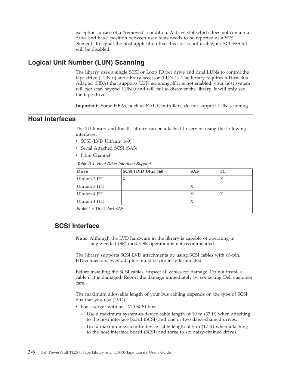 Logical unit number (lun) scanning, Host interfaces, Scsi interface | Logical, Unit, Number, Lun), Scanning, Host, Interfaces | Dell TL2000 User Manual | Page 46 / 264