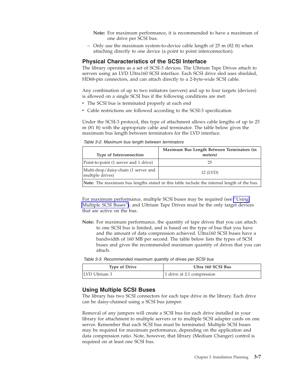 Physical characteristics of the scsi interface, Using multiple scsi buses, Maximum | Length, Between, Terminators, Recommended, Quantity, Drives, Scsi | Dell TL2000 User Manual | Page 47 / 264