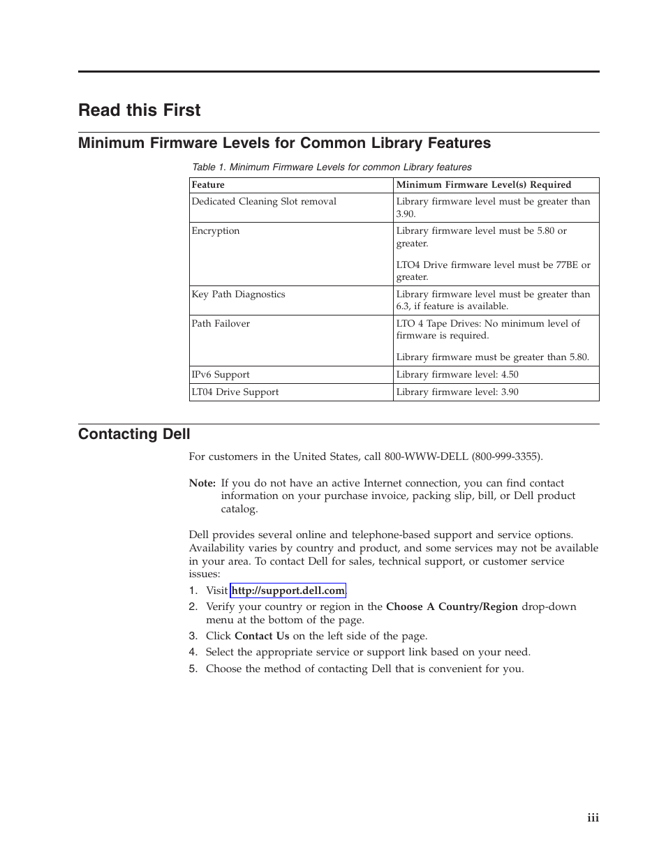 Read this first, Contacting dell, Read | This, First, Minimum, Firmware, Levels, Common, Library | Dell TL2000 User Manual | Page 5 / 264