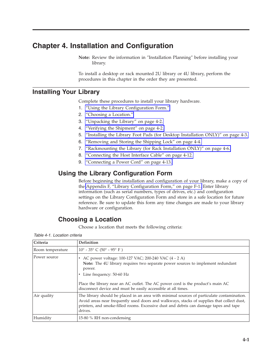 Chapter 4. installation and configuration, Installing your library, Using the library configuration form | Choosing a location, Chapter, Installation, Configuration, Installing, Your, Library | Dell TL2000 User Manual | Page 51 / 264