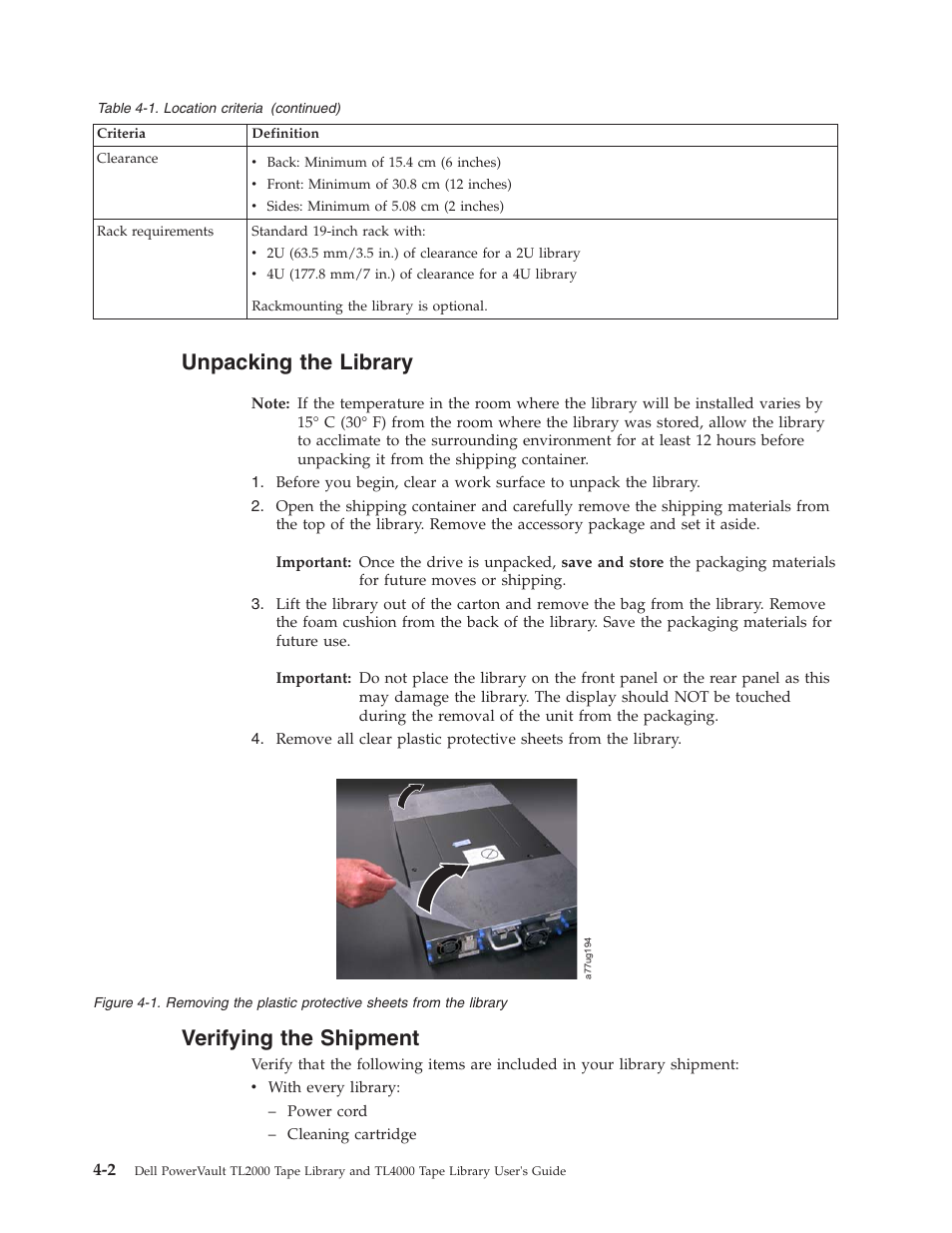 Unpacking the library, Verifying the shipment, Unpacking | Library, Verifying, Shipment, Removing, Plastic, Protective, Sheets | Dell TL2000 User Manual | Page 52 / 264