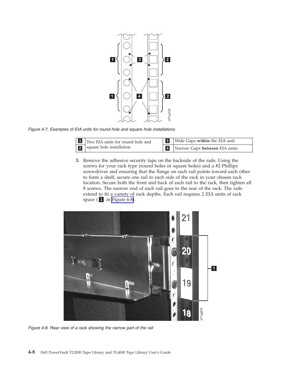 Examples, Units, Round | Hole, Square, Installations, Rear, View, Rack, Showing | Dell TL2000 User Manual | Page 58 / 264