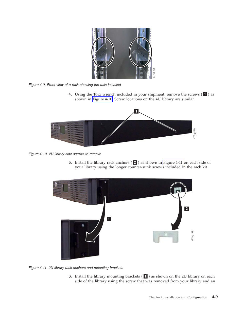 Front, View, Rack | Showing, Rails, Installed, Library, Side, Screws, Remove | Dell TL2000 User Manual | Page 59 / 264
