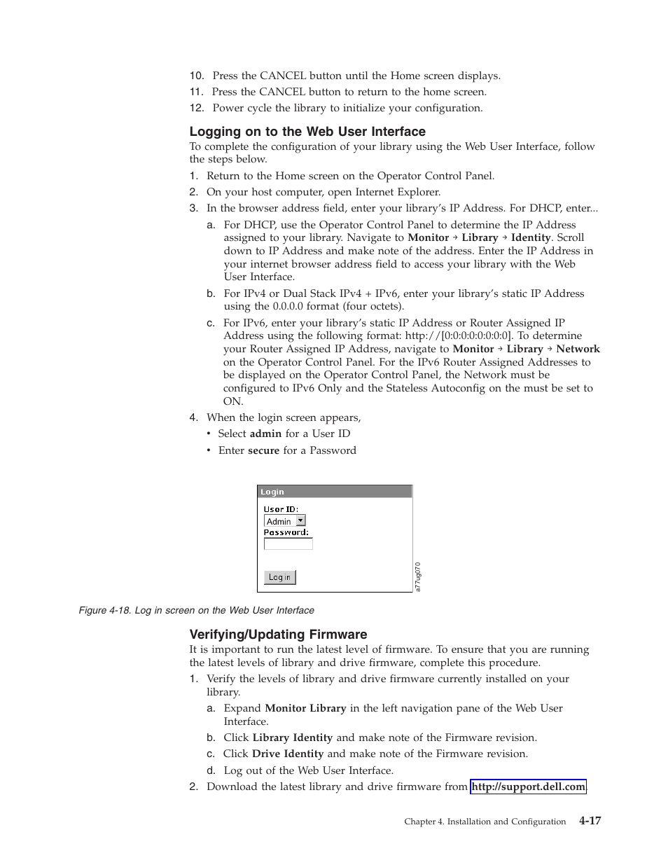 Logging on to the web user interface, Verifying/updating firmware, Screen | User, Interface, Logging, Verifying/updating, Firmware | Dell TL2000 User Manual | Page 67 / 264