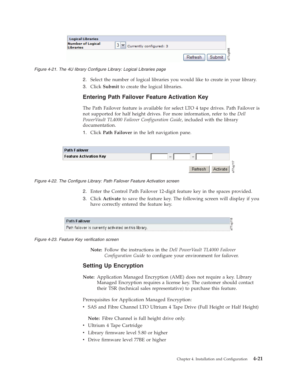Entering path failover feature activation key, Setting up encryption, Library | Configure, Logical, Libraries, Path, Failover, Feature, Activation | Dell TL2000 User Manual | Page 71 / 264