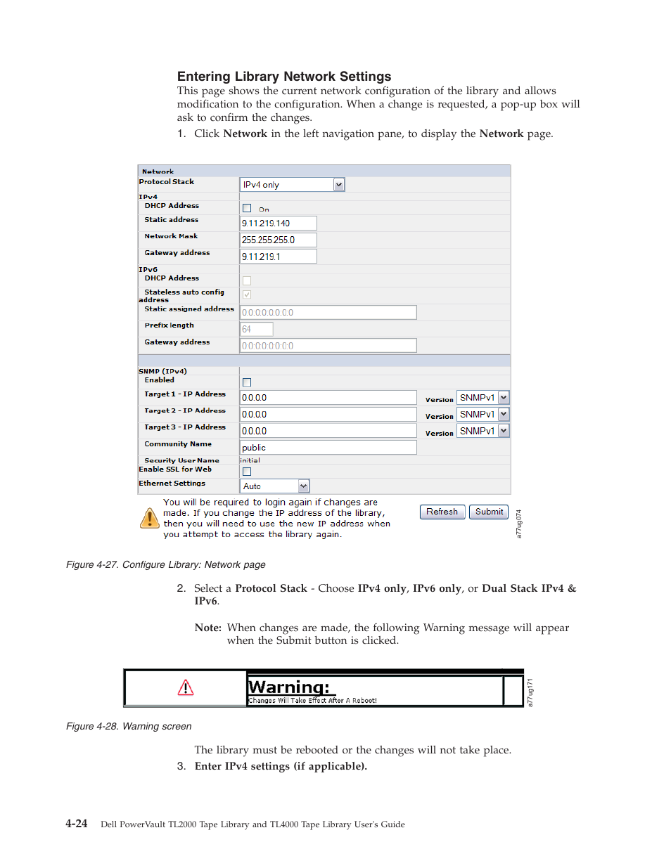 Entering library network settings, Configure, Library | Network, Warning, Screen, Entering, Settings | Dell TL2000 User Manual | Page 74 / 264