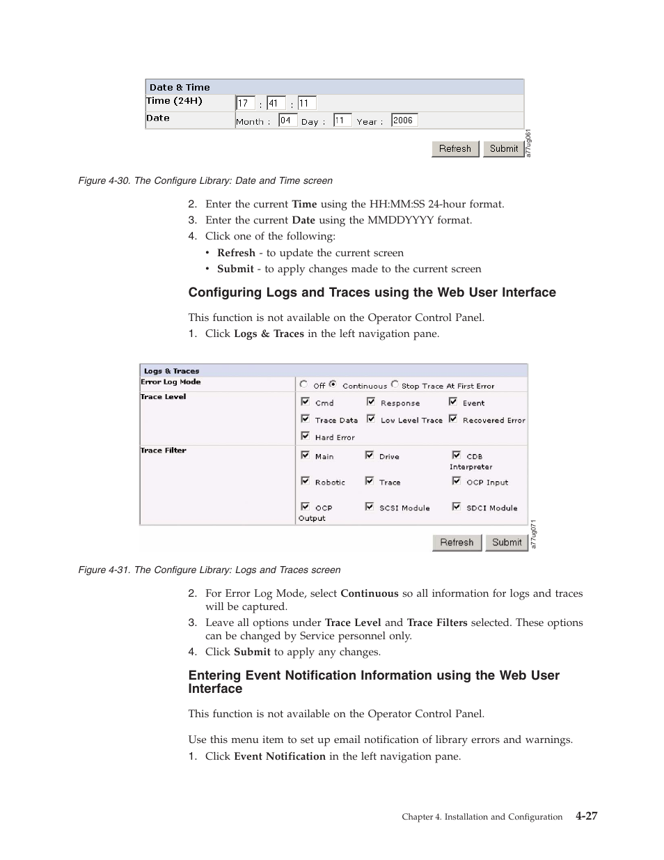 Configure, Library, Date | Time, Screen, Logs, Traces, Configuring, Using, User | Dell TL2000 User Manual | Page 77 / 264