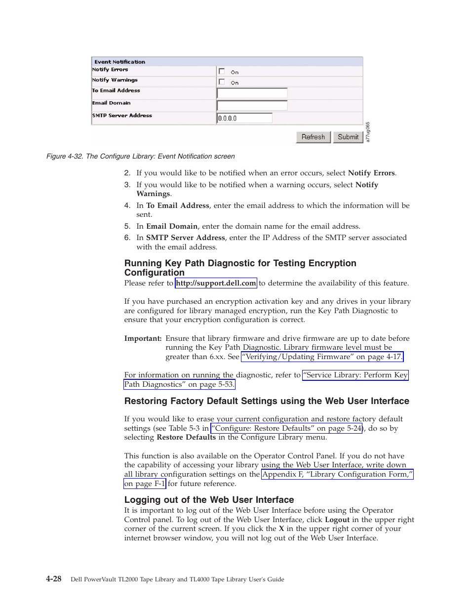 Logging out of the web user interface, Configure, Library | Event, Notification, Screen, Running, Path, Diagnostic, Testing | Dell TL2000 User Manual | Page 78 / 264