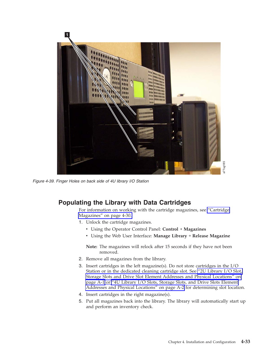 Populating the library with data cartridges, Populating, Library | With, Data, Cartridges, Finger, Holes, Back, Side | Dell TL2000 User Manual | Page 83 / 264