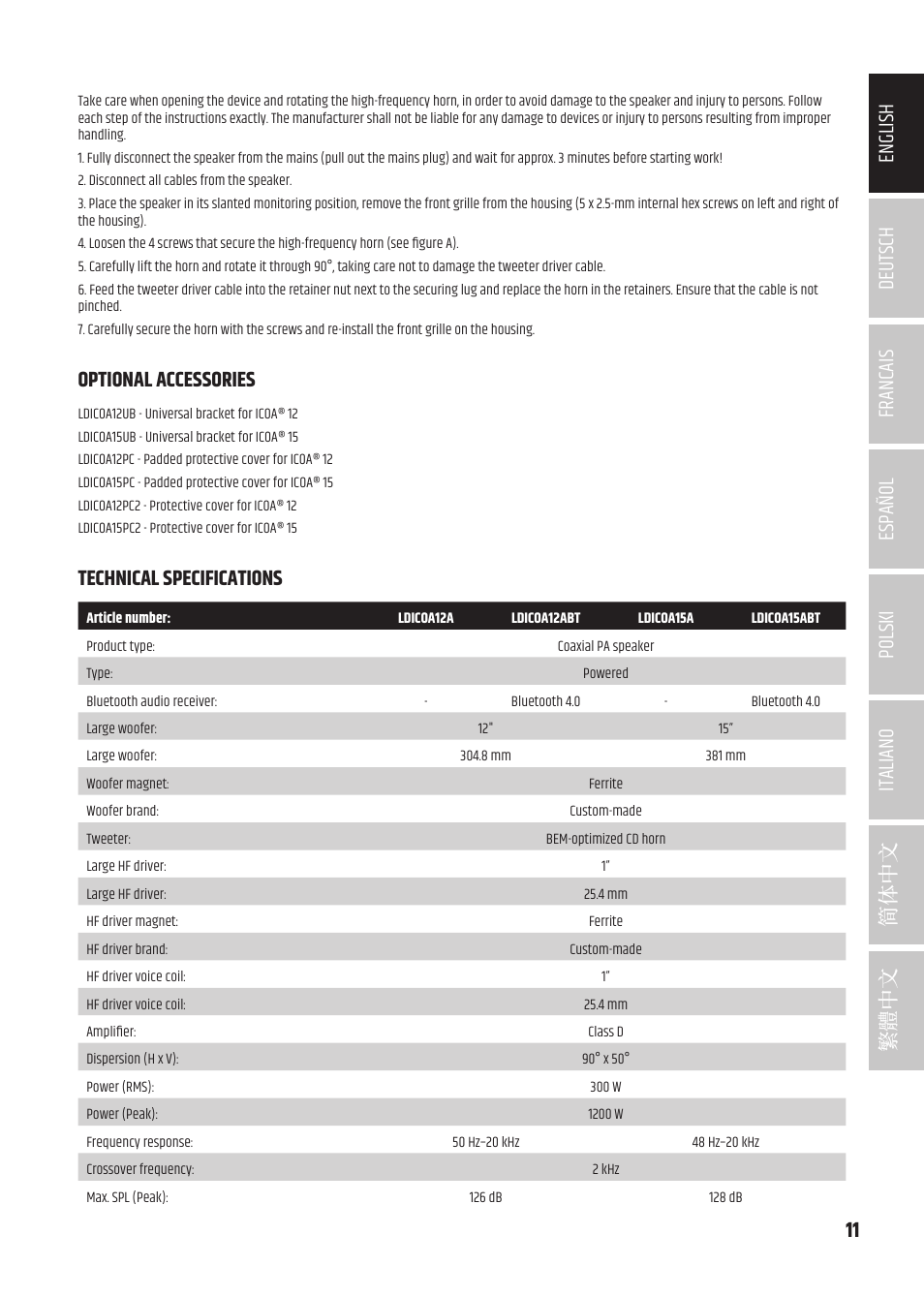 LD Systems ICOA 15 A BT Two-Way 15" Coaxial 1200W Powered Portable PA Speaker with Bluetooth User Manual | Page 11 / 92