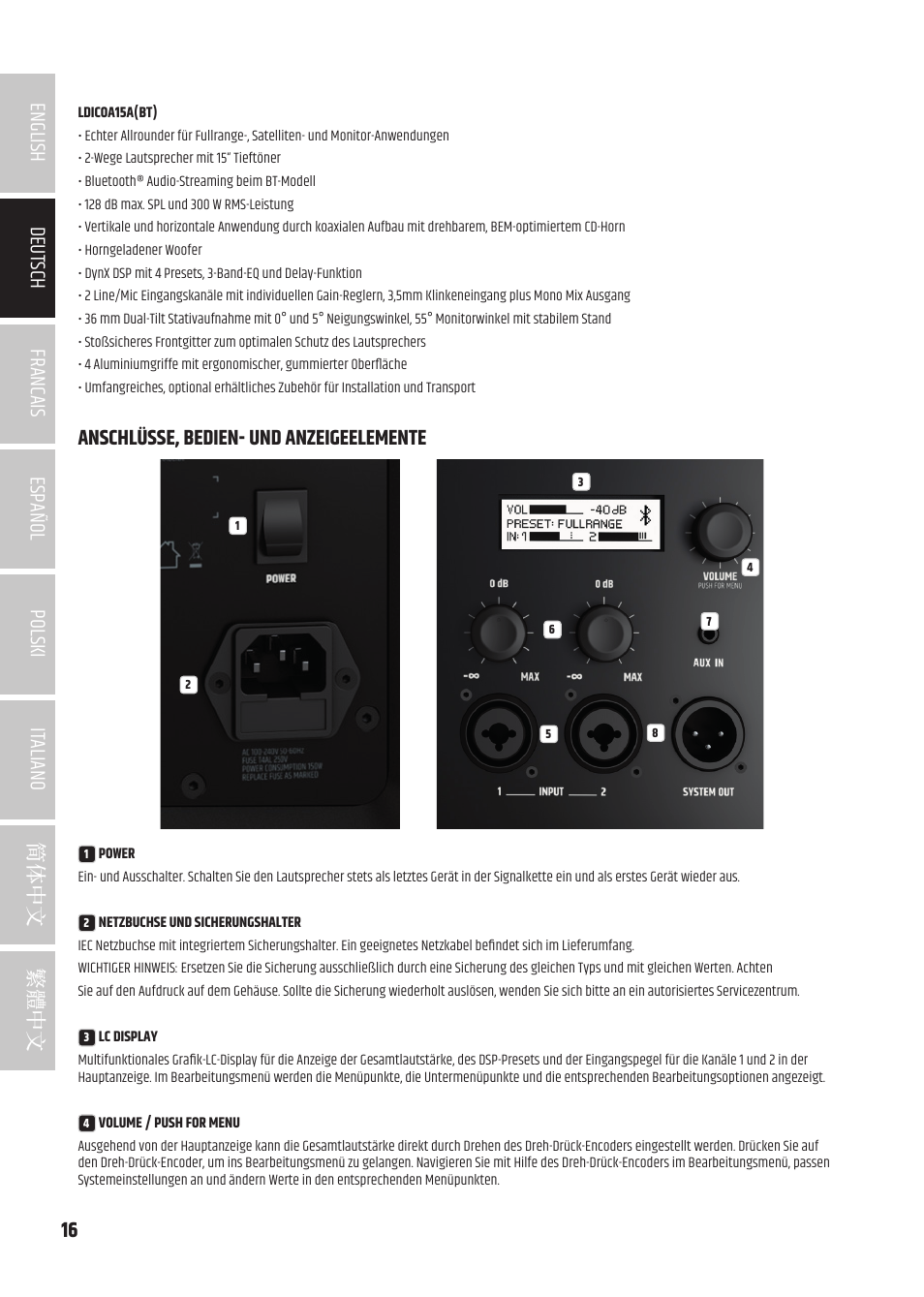 Anschlüsse, bedien- und anzeigeelemente | LD Systems ICOA 15 A BT Two-Way 15" Coaxial 1200W Powered Portable PA Speaker with Bluetooth User Manual | Page 16 / 92