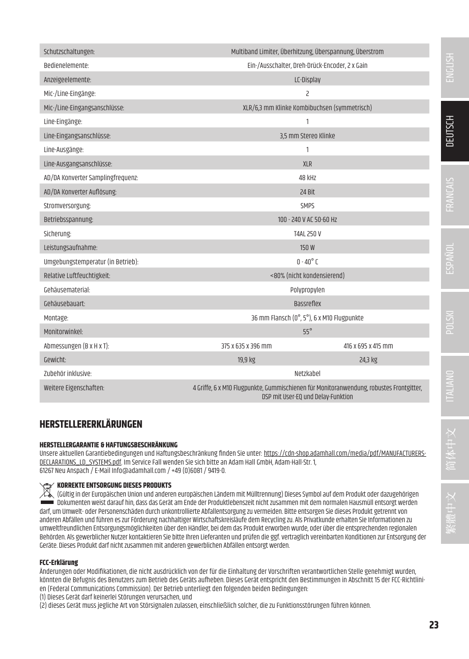 Herstellererklärungen | LD Systems ICOA 15 A BT Two-Way 15" Coaxial 1200W Powered Portable PA Speaker with Bluetooth User Manual | Page 23 / 92