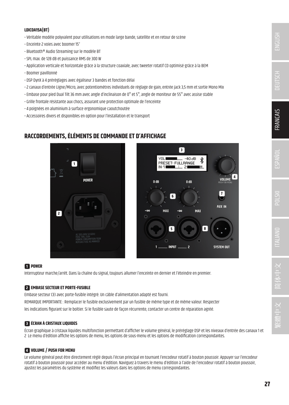 Raccordements, éléments de commande et d’affichage | LD Systems ICOA 15 A BT Two-Way 15" Coaxial 1200W Powered Portable PA Speaker with Bluetooth User Manual | Page 27 / 92