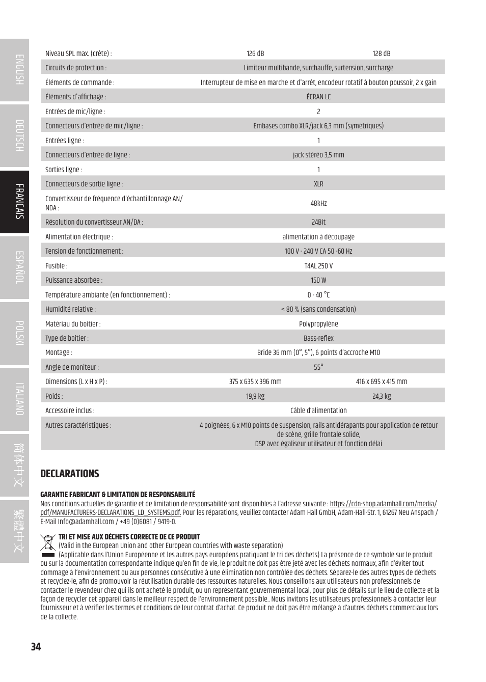 Declarations | LD Systems ICOA 15 A BT Two-Way 15" Coaxial 1200W Powered Portable PA Speaker with Bluetooth User Manual | Page 34 / 92