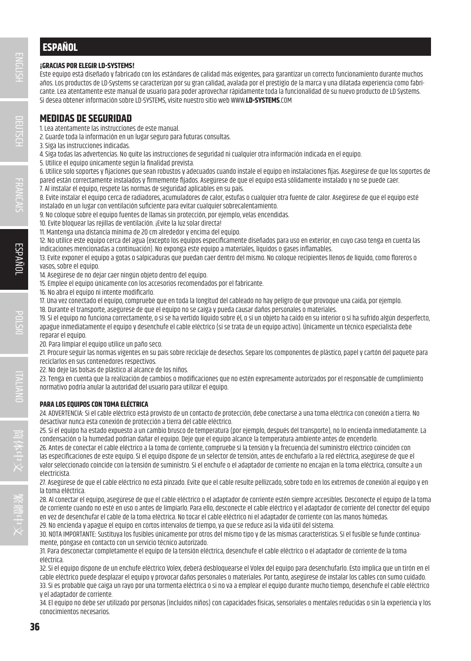 Medidas de seguridad | LD Systems ICOA 15 A BT Two-Way 15" Coaxial 1200W Powered Portable PA Speaker with Bluetooth User Manual | Page 36 / 92