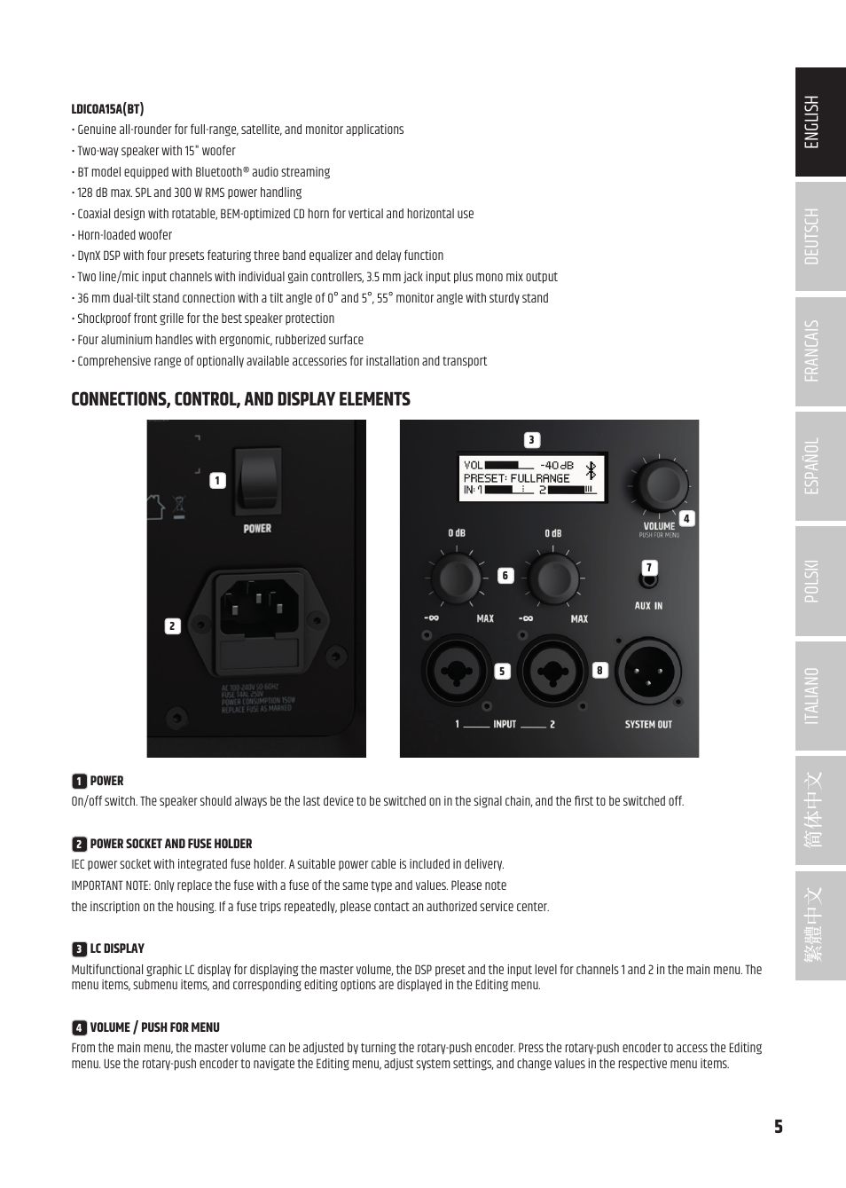 Connections, control, and display elements | LD Systems ICOA 15 A BT Two-Way 15" Coaxial 1200W Powered Portable PA Speaker with Bluetooth User Manual | Page 5 / 92