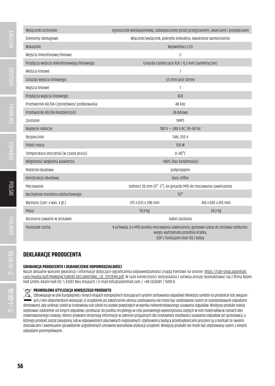 Deklaracje producenta | LD Systems ICOA 15 A BT Two-Way 15" Coaxial 1200W Powered Portable PA Speaker with Bluetooth User Manual | Page 56 / 92