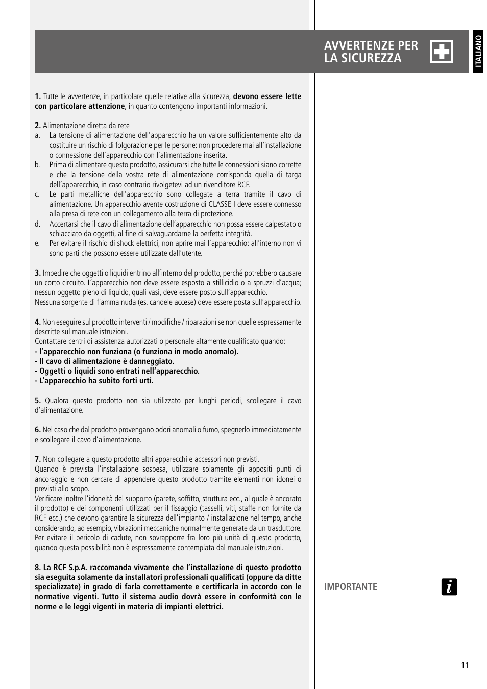 Avvertenze per la sicurezza | RCF SUB 9007-AS Active 2 x 21" Subwoofer with RDNet Control User Manual | Page 11 / 20
